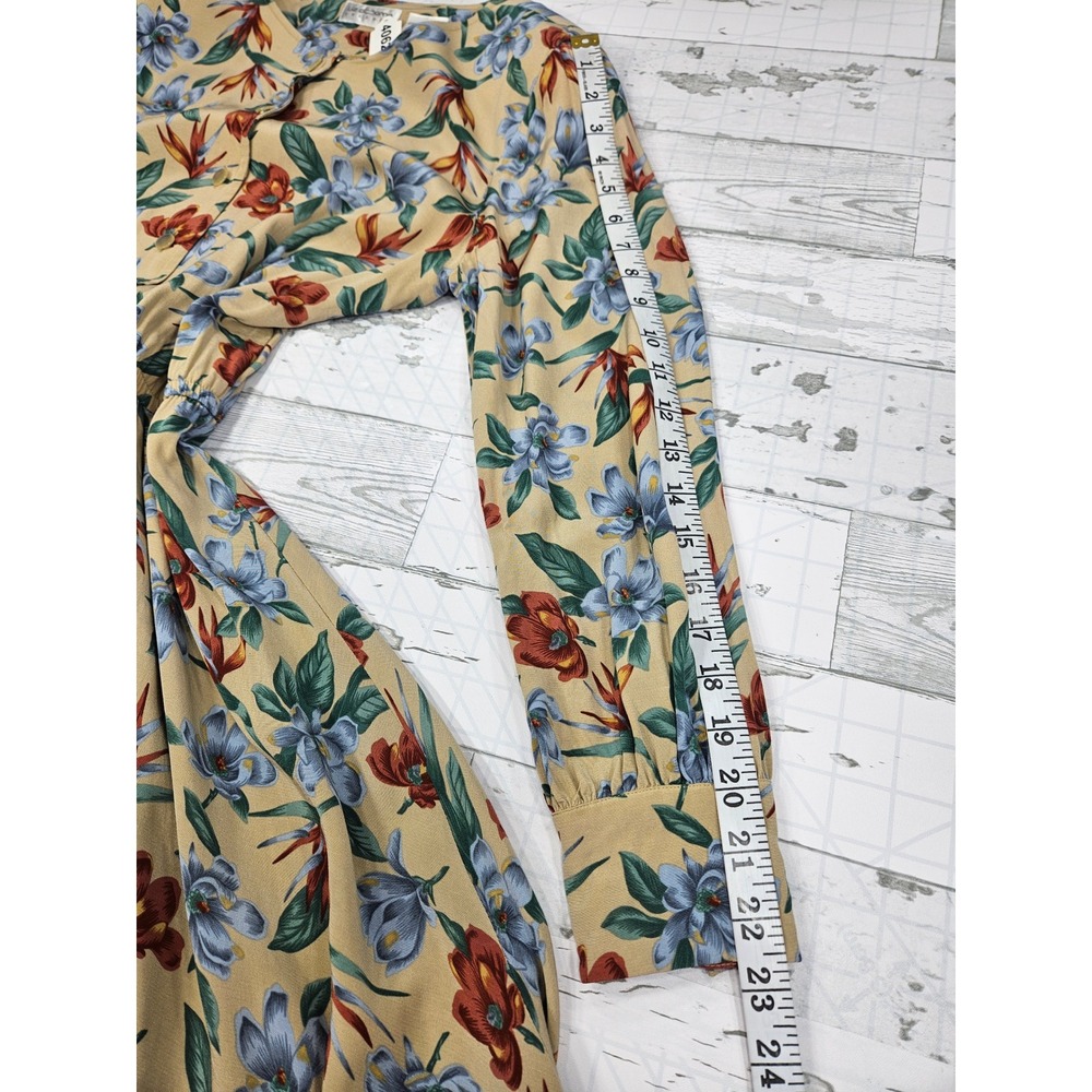 Liz Claiborne Vintage Floral Midi Dress Tan Blue Bird of Paradise Rayon Size 12 - Picture 7 of 8
